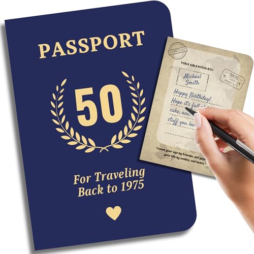 EQUIK PRODUCTS 50 Year Old Gifts | 50th Party Decorations | Guest Book, Signature Book | 50th Card | Gift for Men & Women | 1975 Trivia Game, Party Games | Fake Passport to 1975