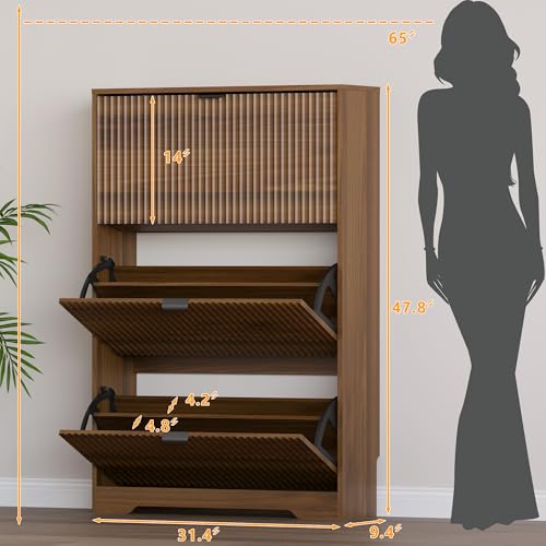 Image of BORNOON Entryway Shoe Cabinet with 3 Flip Drawers, Narrow Shoe Organizer Cabinet with Fluted Panel and Adjustable Shelves for Foyer, Hallway