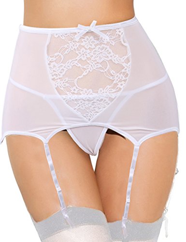 comeondear Women High-Waisted Lace Garter Belt Plus Size with G-String Panty Lingerie (X-Large=US 8-10, White)