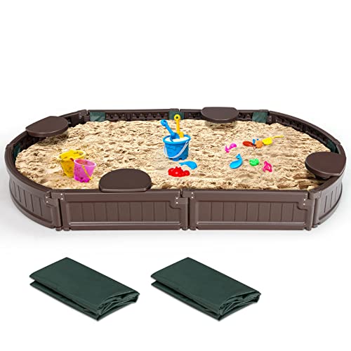 DREAMADE Sandkasten mit Abdeckung und Bodenplane, Sandbox mit Sitzecken, Sandkiste für Kinder für Garten Outdoor (Oval) DREAMADE Sandkasten mit Abdeckung und Bodenplane, Sandbox mit Sitzecken, Sandkiste für Kinder für Garten Outdoor (Oval)