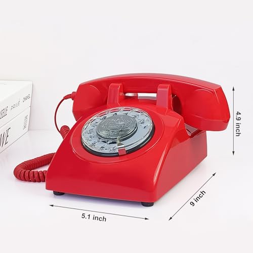 Image of TelPal Red Retro Phone, Corded Antique Telephone Vintage Landline Phone with Old Fashioned Rotary Dial Keypad, Decorative Classic 80s Desk Phone for Home,Office, Hotel, School & Gift
