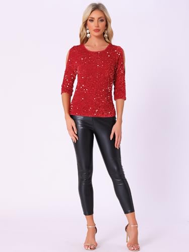 Allegra K Sparkle Sequin Velvet Tops for Women's Cut Out Half Sleeve Party Club Holiday Blouse4