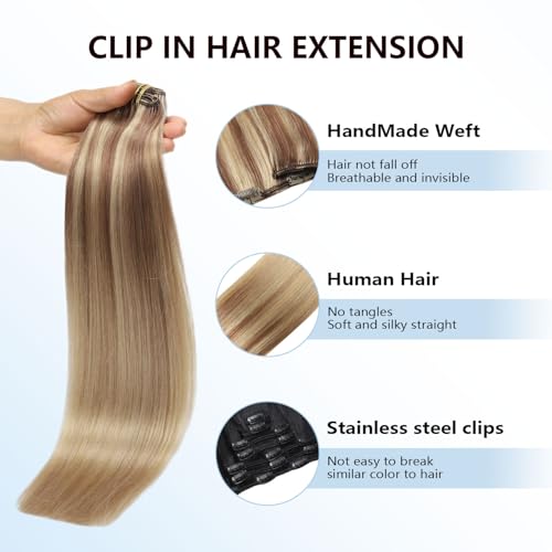 Image of COOKAYU Clip in Hair Extensions Real Human Hair, 10 /16 /16 Gold Brown to Caramel Blonde Ombre Hair Extensions Clip in Human Hair, 14inch 120g 7Pcs