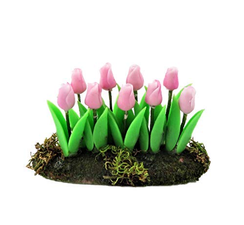 Melody Jane Puppenhaus Pink Tulpen Blumen in Boden Erde Gras Miniatur Gartenzubehör Cover