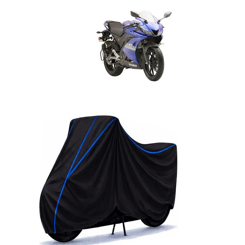 Image of YZF R15 Bike Cover Water Resistant Universal Motorcycle Rain | Heavy Duty UV Protection, Dust, Scratch Indoor Outdoor All Weather with Black Blue Piping Elastic
