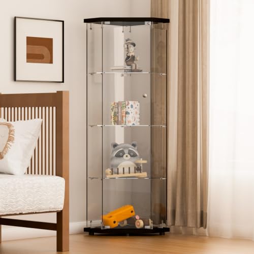 Image of Beauty4U Black 5 Corner Glass Display Cabinet, 4-Shelf Curio Cabinet