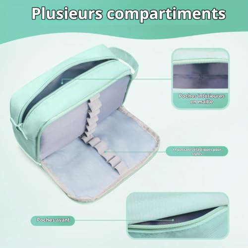 Navie Mobi Trousse Scolaire Grande Capacité,Trousse à Crayons école Papeterie Organisateur 3 Compartiments,avec Poignée et Boucle pour étudiants Fille Garçon Adulte,Vert Menthe – vue 7