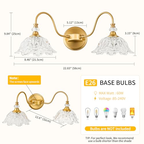 Image of Gold Bathroom Vanity Light, 2-Light Brushed Gold Finish Vanity Light with Floral Clear Glass Shades, Retro Wall Mount Lighting for Bathroom, Dressing Table