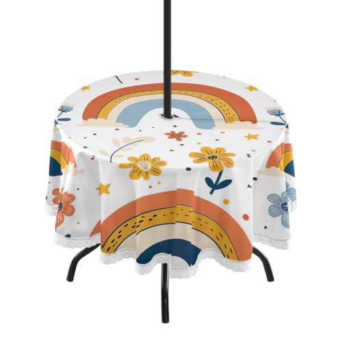 Nander Cartoon Rainbow Outdoor Tablecloth 60In,Waterproof with Zipper Umbrella Hole Patio Round Table Cloths for Backyard Parties Picnic BBQs