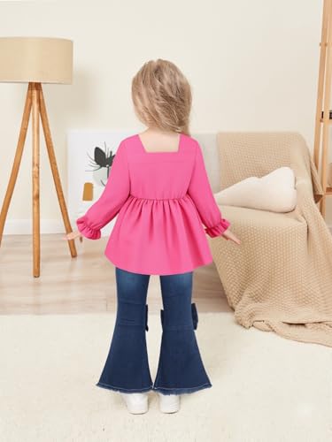 Toddler Girl Clothes Clothing Set Ruffle Long Sleeve Shirt with Flare Bow Jeans for 18M-7Y3