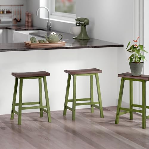 Image of Winsome Satori Saddle Seat 24In Counter Stool Rustic Green and Walnut Finish