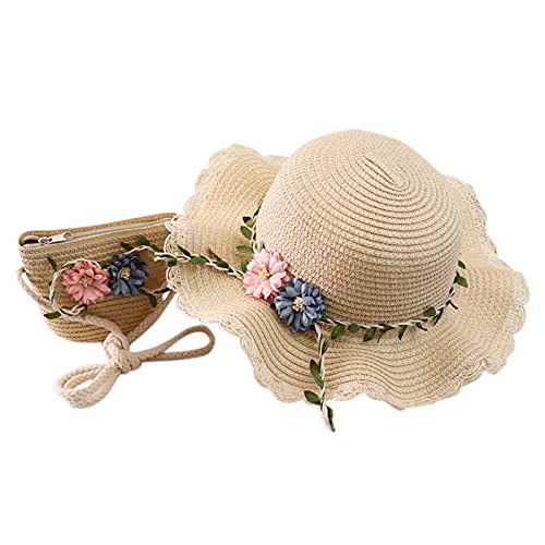 Sombrero de protección solar paja protección solar niños verano + bolsa de sombrero de playa paja niña sombrero verano niña 2 años, new5-beige, Talla única