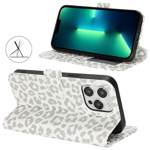Image of for iPhone 13 Pro Max Case Wallet with Card Holder,for iPhone 12 Pro Max Wallet Case for Women Men,PU Leather Shockproof Magnetic Buckle Stand Flip Phone Case-White Leopard