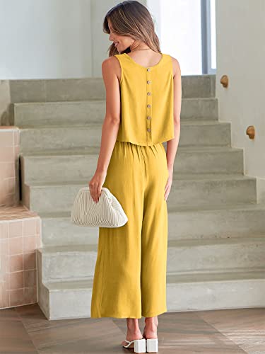 Image of ANRABESS Women's Summer 2 Piece Outfits Sleeveless Tank Crop Button Back Top Cropped Wide Leg Pants Set Pockets