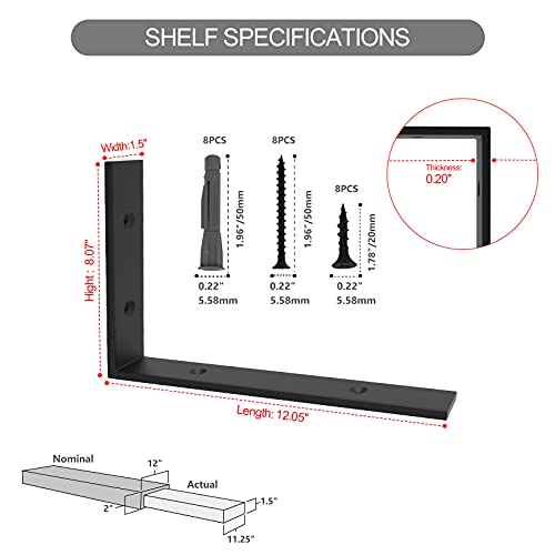 Wekis Black Shelf Bracket 12 Inch Floating Shelf Brackets Heavy Duty L Bracket For Shelves, 1/5 Inch Thick Shelf Brackets Hardware 6 Packs #TOP2