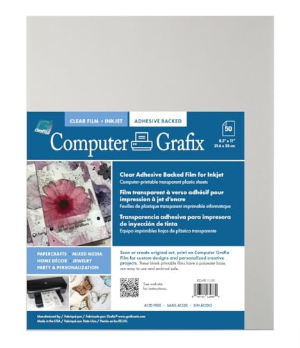 Grafix Computer Adhesive Backed Ink Jet Film – Self-Stick Printable Film for Creating Custom Journals, Stickers, Photos, Jewelry and More, Ink Jet Printers Only 8.5 x 11”, Clear, Pack of 50