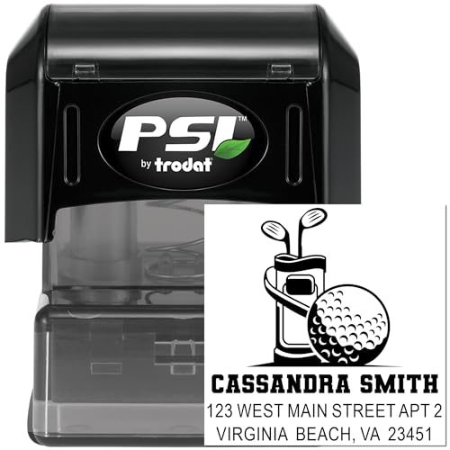 Image of Golf Gear Essentials Pre Inked Address Stamp - Address Stamp for Cards | Golf Mailing Stamp. Refillable Pre Inked Stamp. Choice of 5 ink colors. Oil-based ink. 1-5 /8 inch square imprint.