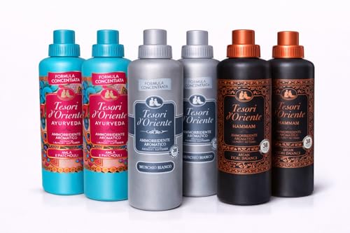 Suavizante concentrado Tesori d'Oriente, pack de 6 unidades (6 x 760 ml) – 2 x Ayurveda + 2 x Muschio Bianco + 2 x Hammam – Marca italiana, frescor de larga duración, ropa extra suave Veltao