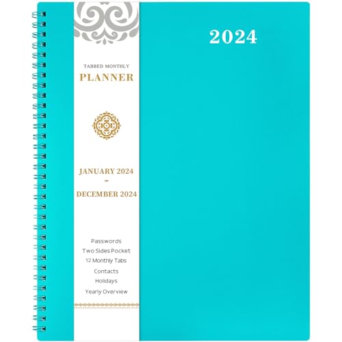 2024 Monthly Planner/Calendar - Monthly Planner 2024, Jan. 2024 - Dec. 2024, 9" x 11", 12-Month Planner 2024 with Tabs, Pocket, Label, Contacts and Passwords, Twin-Wire Binding - Teal by Artfan