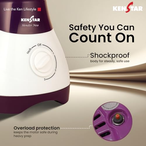 Image of Kenstar SLENDER NEO Mixer Grinder 500 Watts | 3 Multi-Purpose Jars | Powerful Turbo Motor | Overload Safety | White & Purple