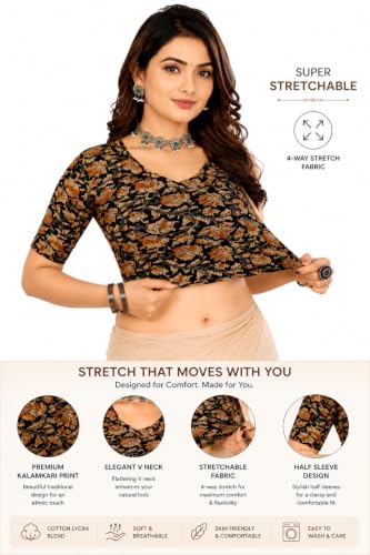 Image of Mogsa Women's Kalamkari Print Cotton Stretchable V-Neck Readymade Saree Blouse | Soft Cotton Blend | Stretch Fabric | Ready-to-Wear