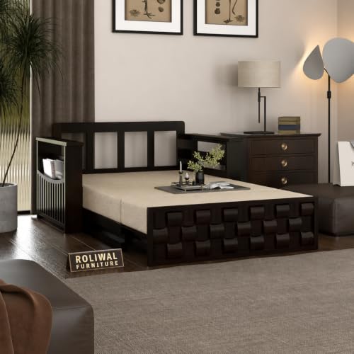 Image of Solid Sheesham Wood Sofa Cums Bed with Mattress & Storage | Rosewood Convertible Sofa Bed for Living Room & Bedroom (G-Walnut, 2 Seater)