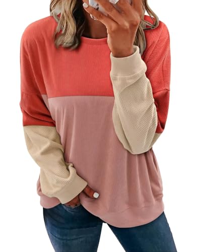 KISSMODA Women's Casual Long Sleeve Sweatshirt Color Block/Solid Crewneck Corduroy Pullover Cute Tops