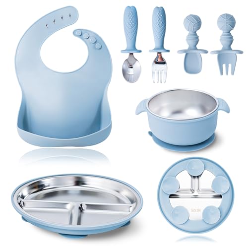 Image of 7 Pieces 304 Stainless Steel Baby & Toddler Feeding Set - Suction Divided Plates, Bowls, Silicone & Stainless Spoon Fork,Pocket Bib Unbreakable, Dishwasher Safe Kids Dinnerware Essentials (Blue)