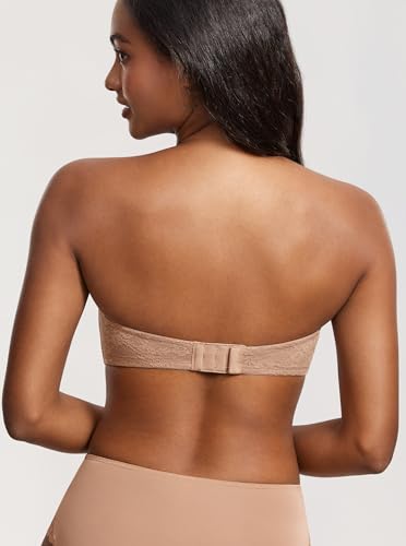 Image of DOBREVA Women's Strapless Lace Bras Unlined See-Through | Underwire, Floral Lace, Sexy, Sheer, Soft, Bow, Multiway, Comfort