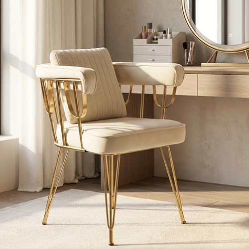 Furnicomfy Vanity Chair with Back, Velvet Upholstered Accent Makeup Chairs No Wheels with Golden Legs for Modern Glam Living Room Bedroom Home Office Nail Spa, Girls & Women, Beige