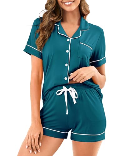 Image of Womens Pajamas Set Short Sleeve Sleepwear Button Down Pjs Shorts Set Soft Pjs Lounge Set With Pockets