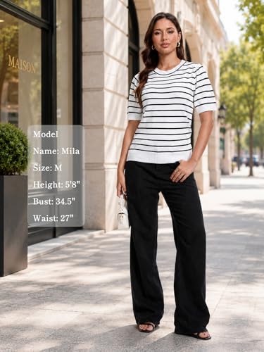 Image of Women Striped Short Sleeve Sweater Crew Neck Knit Top Pullover