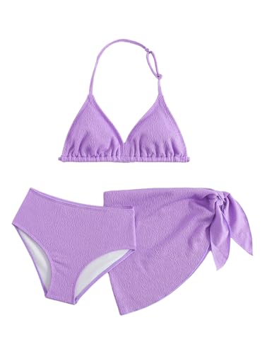 Image of SHENHE Girl's 3 Pieces Halter Triangle Bikini Sets Spaghetti Strap Swimsuit Smocked Bathing Suit with Beach Skirt