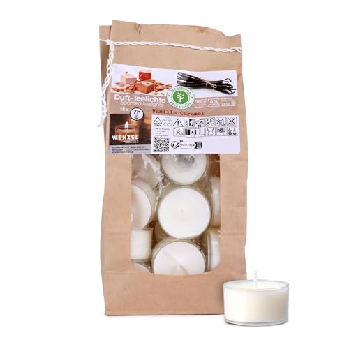 luterna Lot de 18 bougies chauffe-plat parfumées, vanille caramel, 100 % cire naturelle, wencille, 25/41 mm, durée de combustion : environ 7 h, sachet de 18...