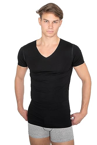 Men's Laser Cut Seamless v-Neck Undershirt Short Sleeves Stretch Cotton Black2