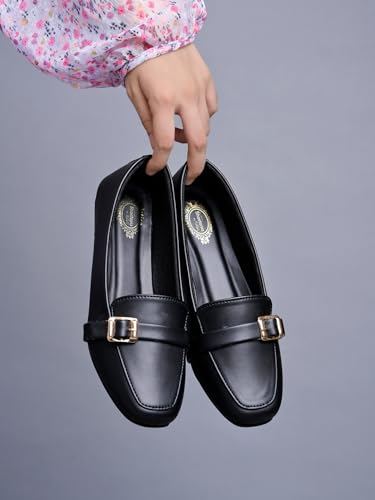 Image of Shoetopia Women's Elegant Bow Ballet Flats Designer Pattern Slip-On Shoes with Metal Buckle Accent & Comfort Sole