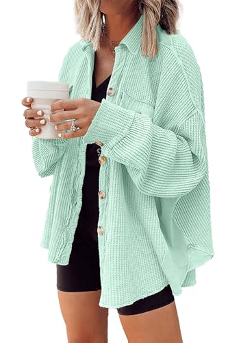 Nirovien Womens Waffle Knit Shacket Oversized Button Down Shirt Jacket Lightweight Spring Outfits Clothes