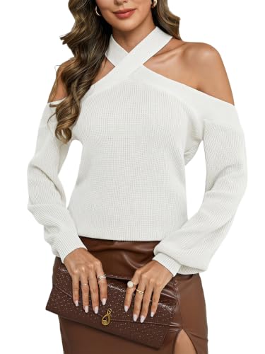 Image of MakeMeChic Women's Off The Shoulder Sweater Halter Criss Cross Pullover | Cozy, Knitted, Sweaters Tops, Long Sleeve, Fall Outfits, Winter Sweaters, Party, Knit Tops