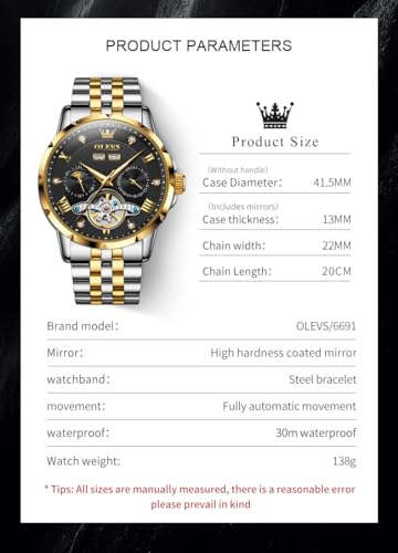 Image of OLEVS Automatic Watches for Men Self Winding Mechanical Skeleton Luxury Dress Stainless Steel Diamond Men Wrist Watches