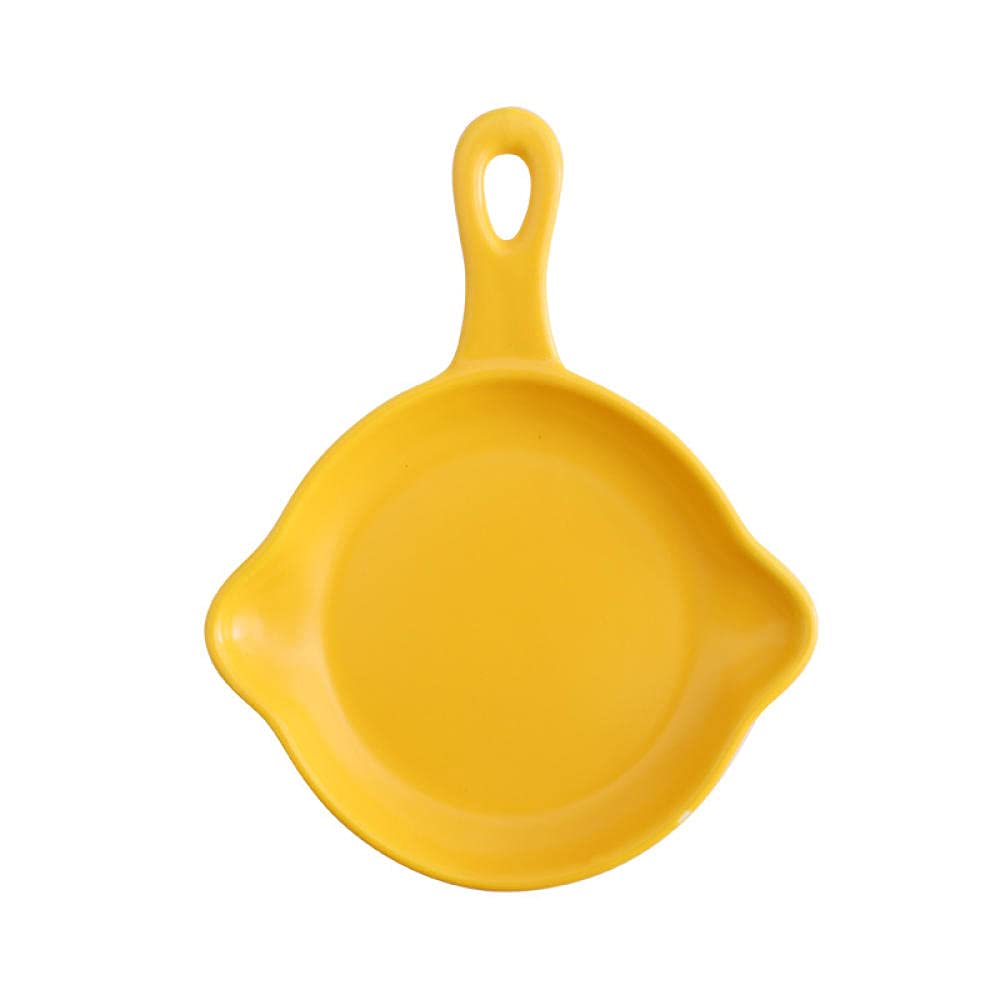 Ceramic Household Plate with Handle Cutlery cutle Plate Tray Dish Steak Plate-Handle Round Baking Tray - Matte Yellow