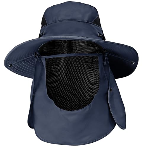 Rayson Sombrero de Pescador Hombre Mujere con Protección Transpirable Unisex Sombrero de Sol de ala Ancha Gorros de Pescador con Cubierta de Cuello Desmontable,Azul Marino