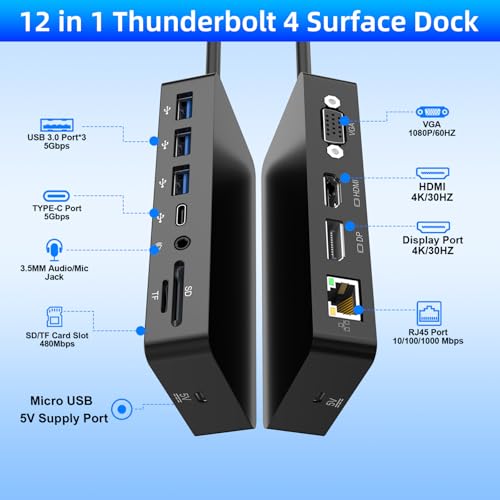 Microsoft Surface Thunderbolt 4 Dock (4K DP+HDMI+VGA) Triple Displays, 12 in 1 Surface Docking Station for Microsoft Surface Pro 12/11/10/9/8/X/7+/7, Surface Laptop 7/6/5/4/3, Surface Laptop Studio