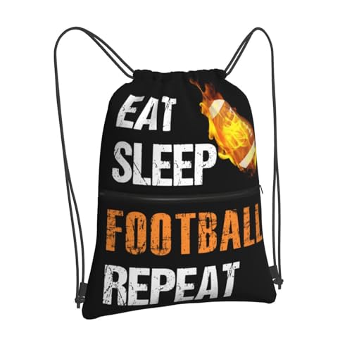 Image of Football Drawstring Bags, Outdoor Sport Sackpack Cinch String Bag, Eat Sleep Football Repeat Drawstring Backpack, Waterproof Gym Drawstring Bags, Football Player Gift for Men & Women