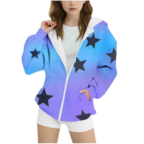 Girls Gradient Stars Print Full Zip Hoodie Kids Casual Long Sleeve Sweatshirts Cute Jackets with Pockets for Boys 4-15 Years