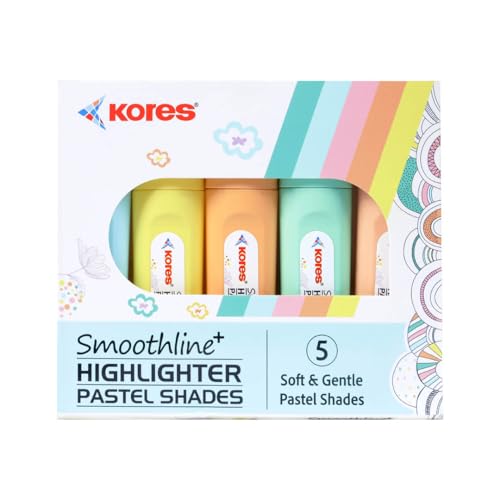 Image of Kores Smoothline+ Pastel Highlighter Pens | Assorted Soft Pastel Shades | Chisel Tip for Broad & Fine Highlighting | Quick-Drying, Smudge-Proof Ink | Office, School & Study Essentials | Pack of 5