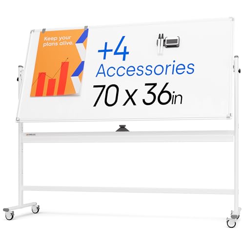 Image of Rolling Dry Erase Board 70 x 36 - Large Portable Magnetic Whiteboard with Stand - Double Sided Easel Style Whiteboard with Wheels - Mobile Standing White Board for Office, Classroom & Home