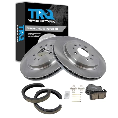 Image of TRQ Rear Brake Pad and Rotor Set Ceramic Rotors Parking Shoe Brake Code J56 JE5 Compatible with 2005-2010 Cadillac STS