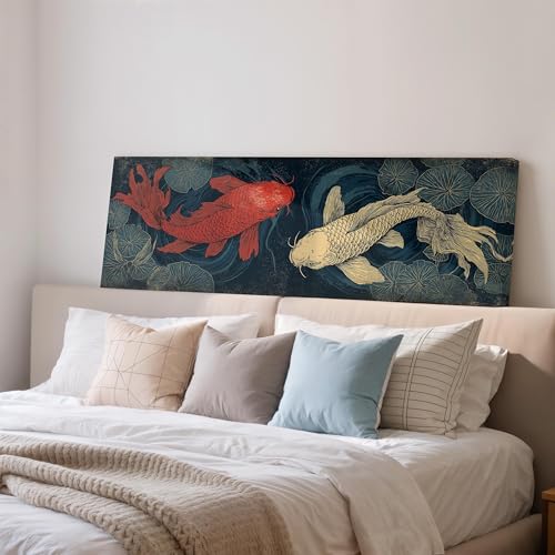 Grande toile panoramique de carpes koï japonaises au style vintage unique