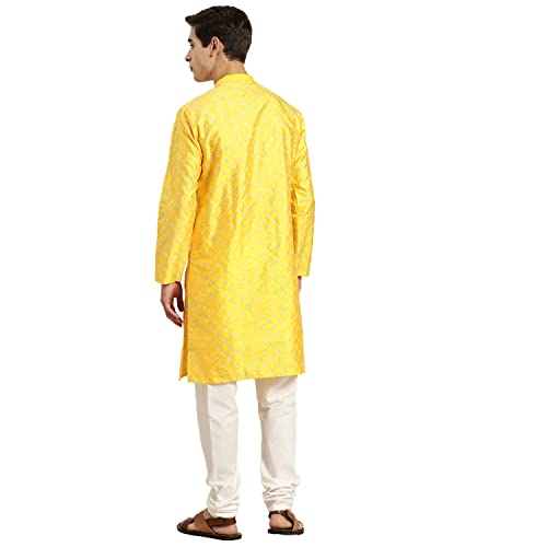 Image of SOJANYA, Men's Silk Blend NavyBlue Kurta with Multi Color Embroidery and Off-White Pyjama