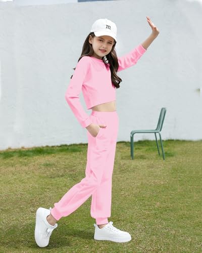 Image of Betusline Girls 2 Piece Outfits Girls Cropped Sweatsuit Pants Outfit Clothes Set, 4T-14 Years